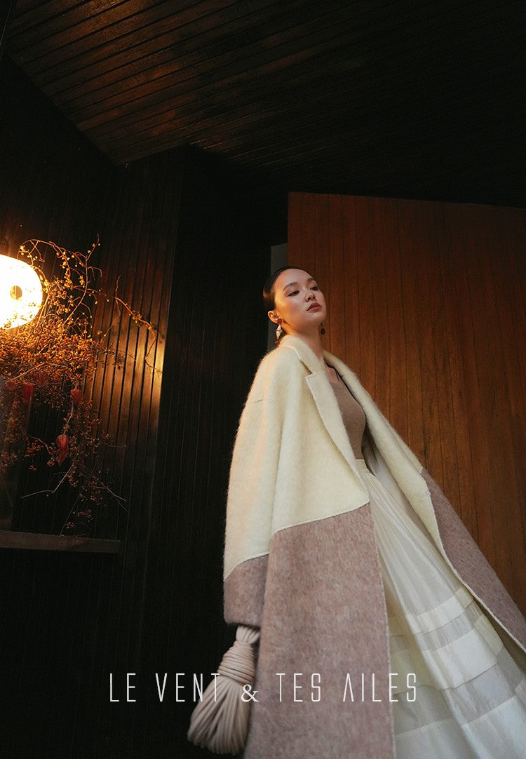 LE VENT&TES AILES French luxury fine long color-block wool coat -ALEC.