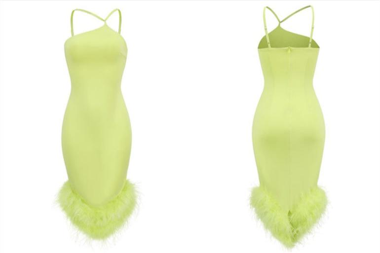 DOLLY High End Slant Collar Sleeveless Slim Fit Halter Feather Banquet Dress-ELLEN