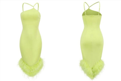 DOLLY High End Slant Collar Sleeveless Slim Fit Halter Feather Banquet Dress-ELLEN