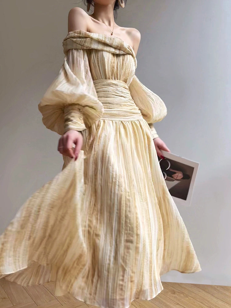 Aconiconi Elegant Wave Pattern Long Sleeve Loose Wedding Guest Dress- Dune