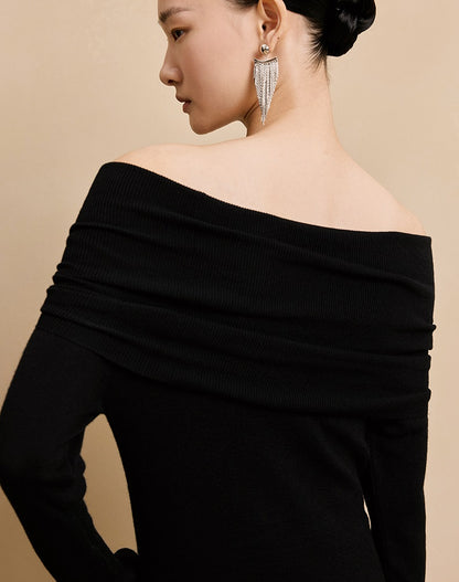 HECO  long-sleeved black red knitwear off-the-shoulder spring - DREAM.