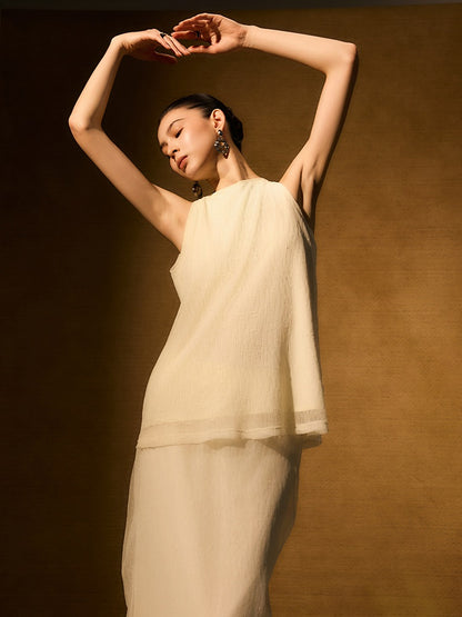 HECO Chinese style wrinkle elastic crew neck vest  age-reducing top - CAST.