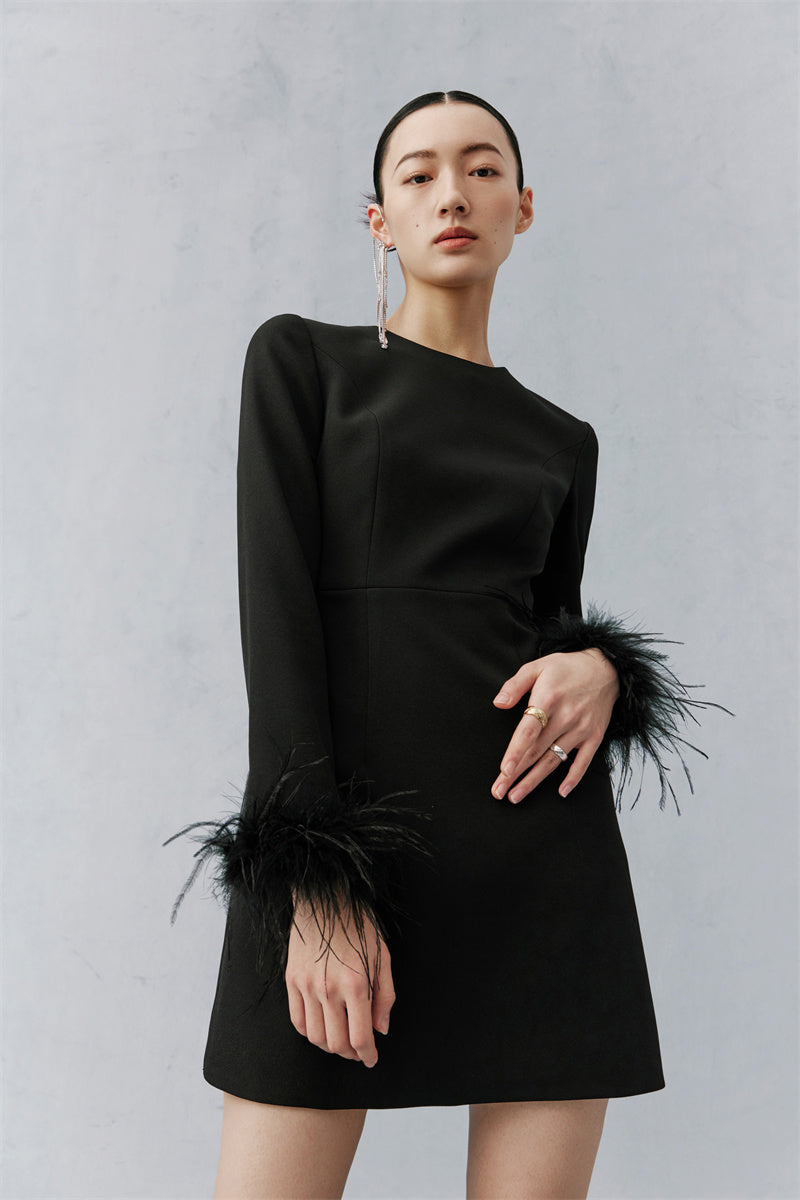 PURITY Elegant Modern Feathers minimalist long-sleeved little black dress- Dennie