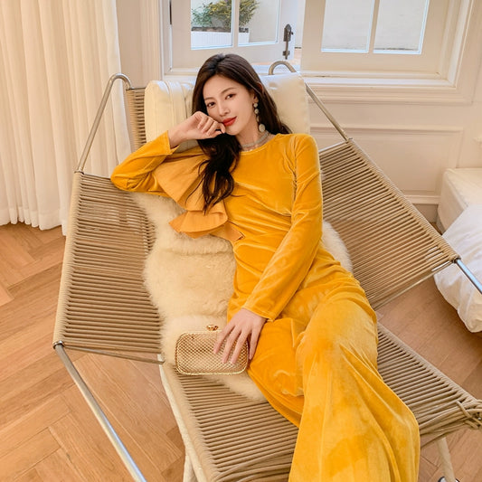 DOLLY Elegant Velvet Crew Neck Long Sleeve Ruffle Long Banquet Dress-PELKA