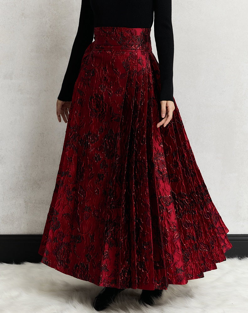 HECO Wear Gold Wire Embossed Horse Face red high waist pleated Skirt - burn.