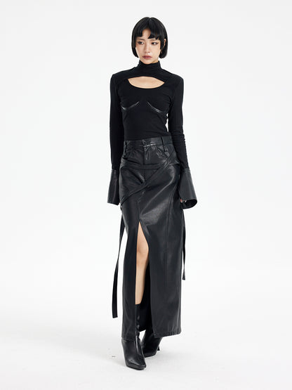 TINY IN black irregular tie women's high waist slit pu leather long skirt -CAM