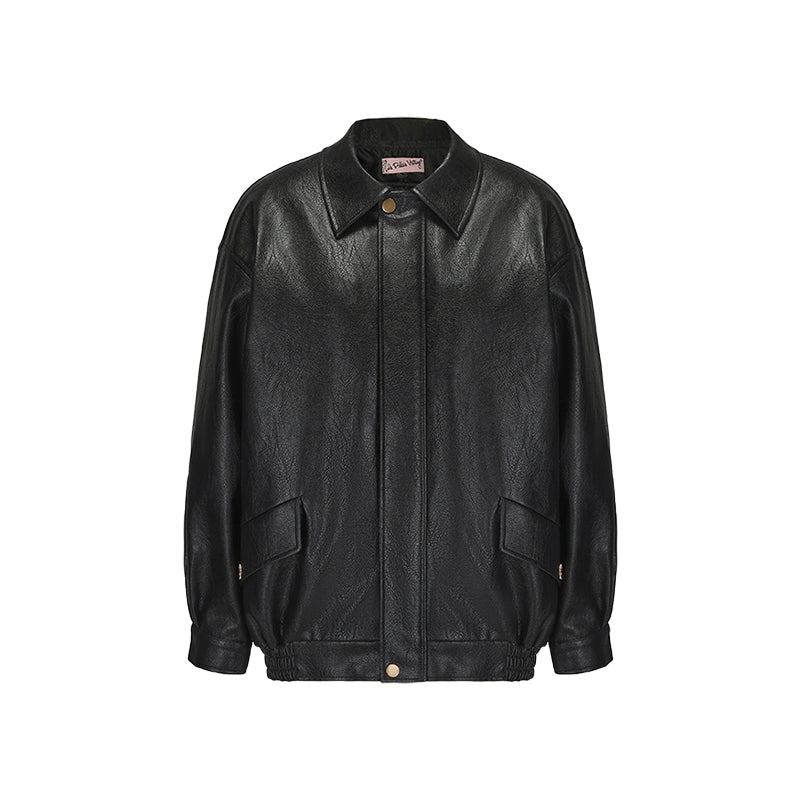 Le Palais Vintage Elegant Black Long Sleeve Medium Leather Jacket + Short Skirt-AURA.