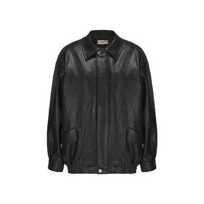 Le Palais Vintage Elegant Black Long Sleeve Medium Leather Jacket + Short Skirt-AURA.