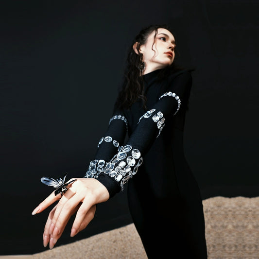 DOLLY Luxury Black Long Sleeve Rhinestone Elastic Bandage Dress-GAGA