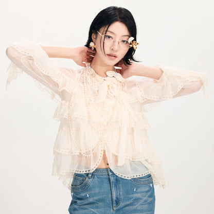 FAME Ruffle Collar Embroidered Trim Layered Mulberry Silk Top - JASON.