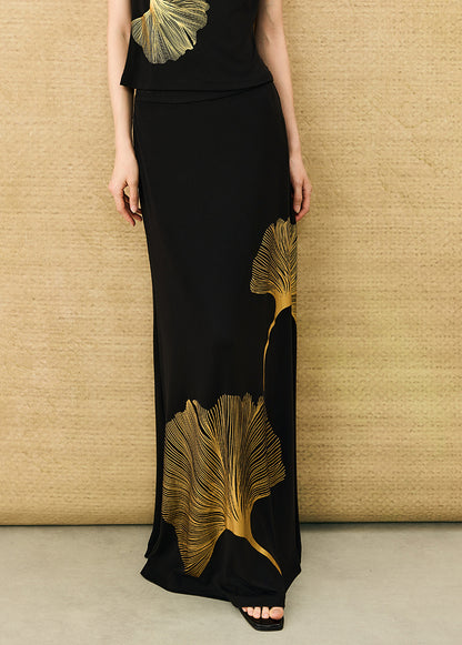 HECO Chinese draped skirt summer fashion ginkgo print skirt set - AFLORAL.