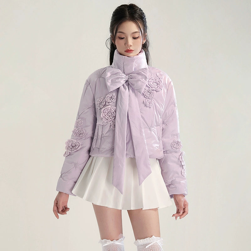 CHECOCRE Chic Gentle Romantic Style Purple Bow Cotton Jacket  - INTERPHASE