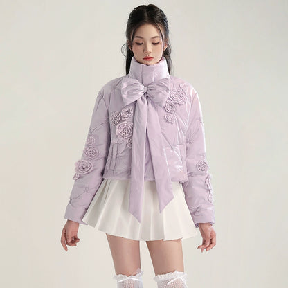 CHECOCRE Chic Gentle Romantic Style Purple Bow Cotton Jacket  - INTERPHASE