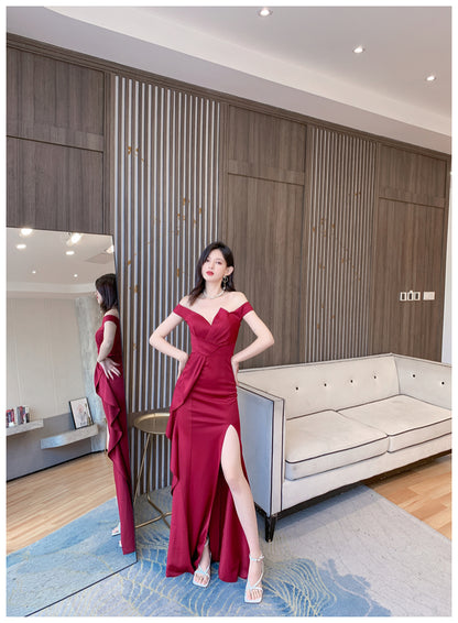 DOLLY Luxury Sleeveless Off Shoulder Tube Tob Long Irregular Slit Dinner Dress-KOKIE