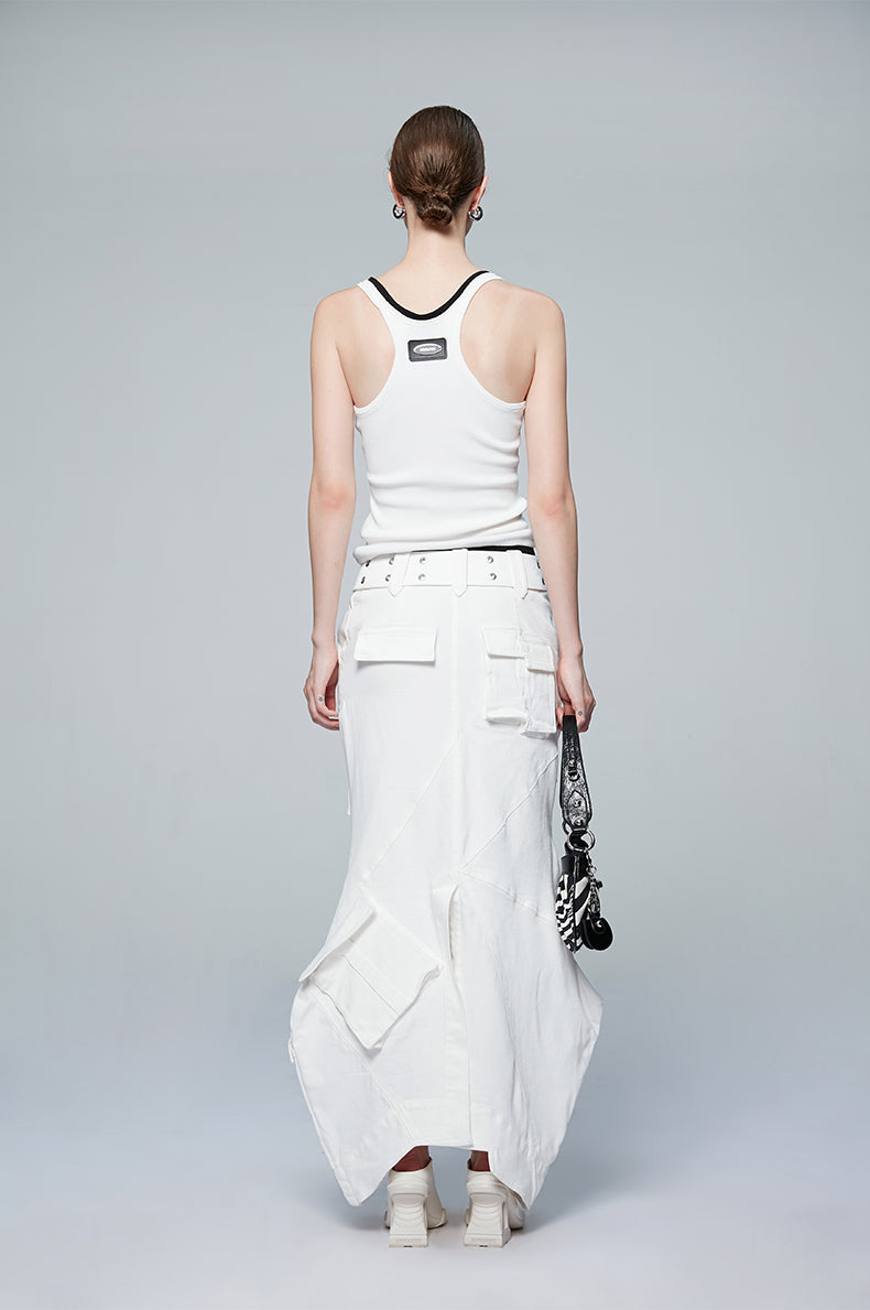 ANNAKIKI white geometric irregular split cargo skirt-MIKASA