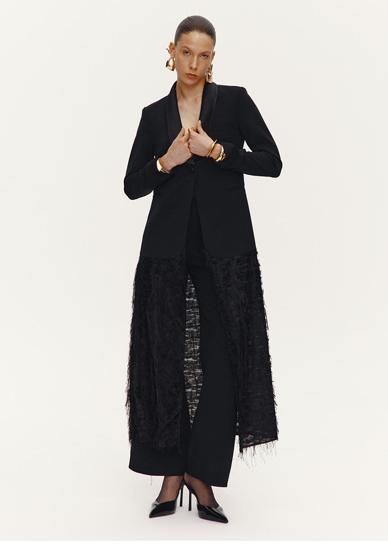 ATELIER MISS LU Slim Fringe Spliced Texture Long Dress Jacket - AMOT