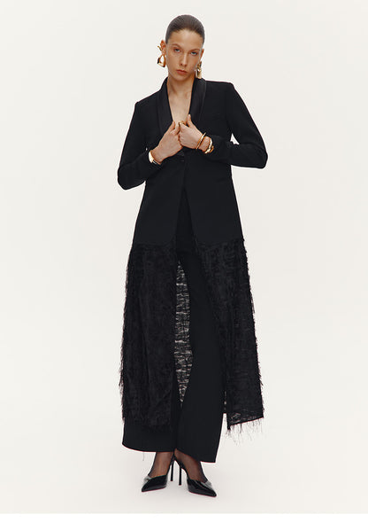 ATELIER MISS LU Slim Fringe Spliced Texture Long Dress Jacket - AMOT