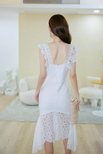 DOLLY Elegant White/Yellow V-Neck Sleeveless Lace Midi Birthday Guest Dress-THALIA