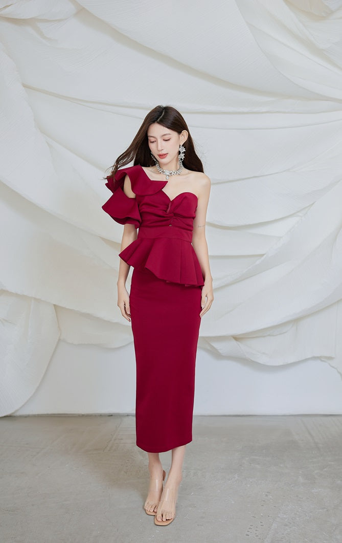 DOLLY Elegant French Style Off Shoulder Ruffle Short Top+ High Waist Skirt-LOIS