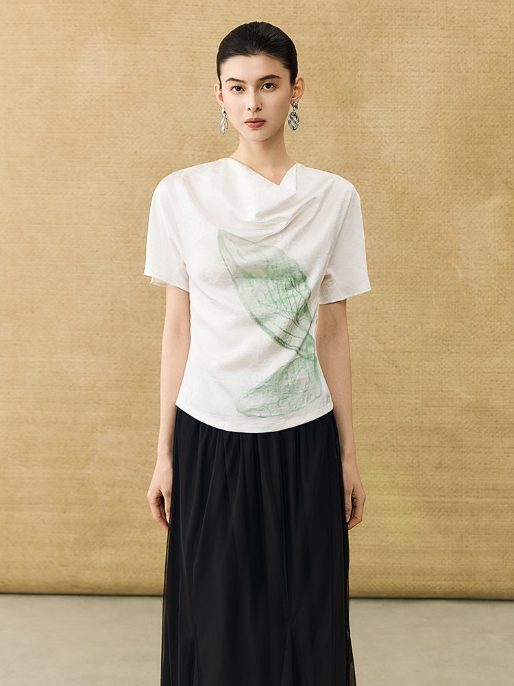 HECO Chinese Art Butterfly Print Swing Neck T-Shirt Waist Slim Top - CONJOR .