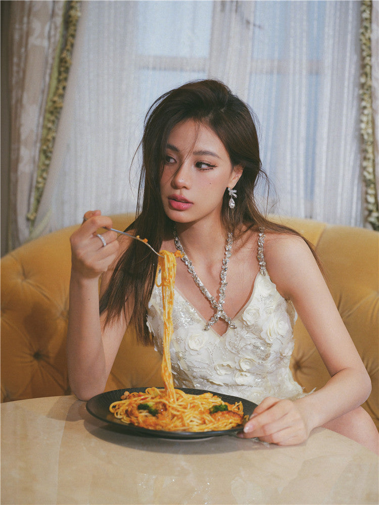 Wardrobes by Chen Luxury V-Neck Sleeveless Floral Feather Short bridal Dress-Shife