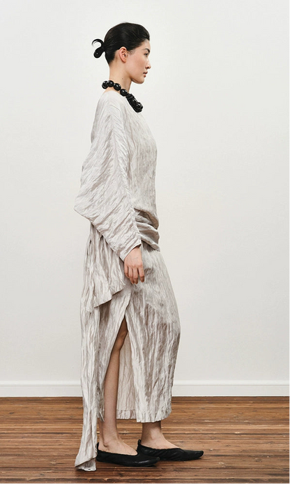 ZHUCHONGYUN crinkled voluminous sleeve top and asymmetrical wrap skirt outfit set-MIERA.
