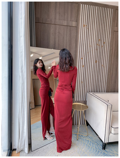 DOLLY Retro Style V-Neck Long Sleeve Pleated Waist Long Slit Dinner Dress-NEYO