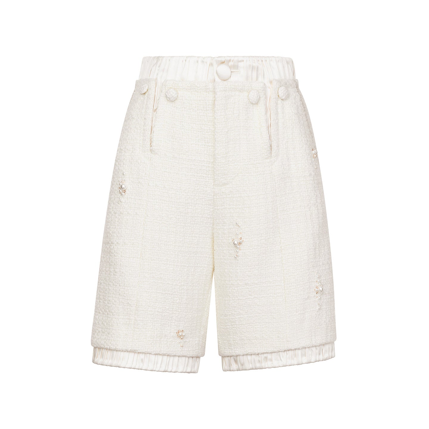 FAME Flower Beaded Embroidered Pearl Embellished Tweed Shorts Slacks - ALARIC.