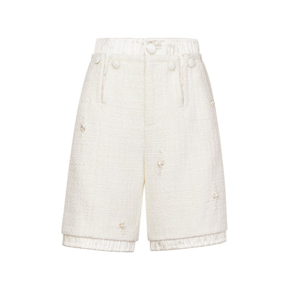 FAME Flower Beaded Embroidered Pearl Embellished Tweed Shorts Slacks - ALARIC.