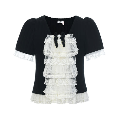 FAME multi-layer ruffled patchwork knitted top contrasting bow - AISHA