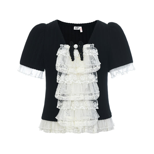 FAME multi-layer ruffled patchwork knitted top contrasting bow - AISHA
