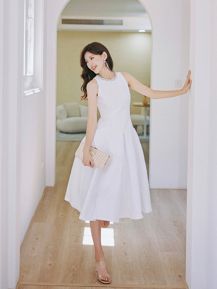 DOLLY Elegant White Crew Neck Sleeveless Long A-Line Dinner Dress-SIBYL