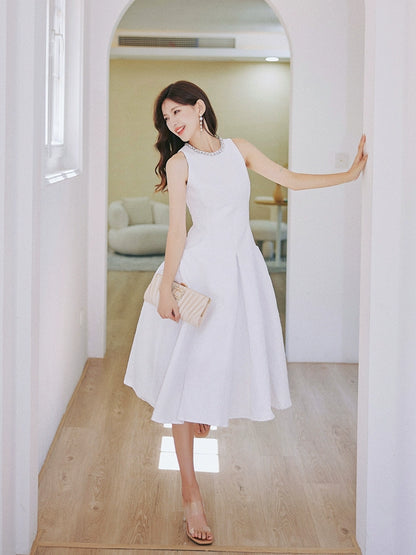 DOLLY Elegant White Crew Neck Sleeveless Long A-Line Dinner Dress-SIBYL