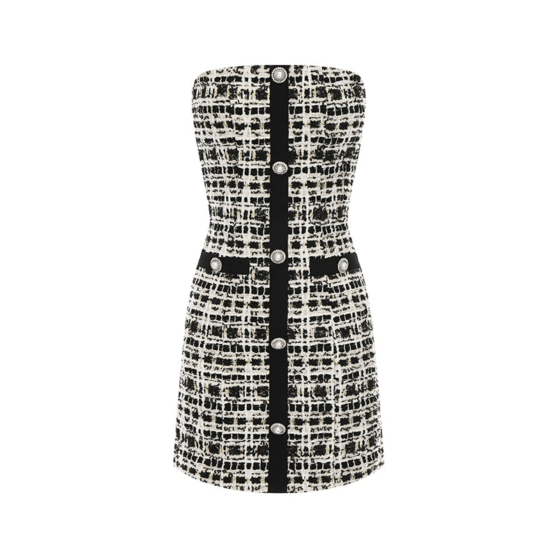 Wardrobes by Chen High End plaid twee Diamond Button Jacket mini dress- Kaya