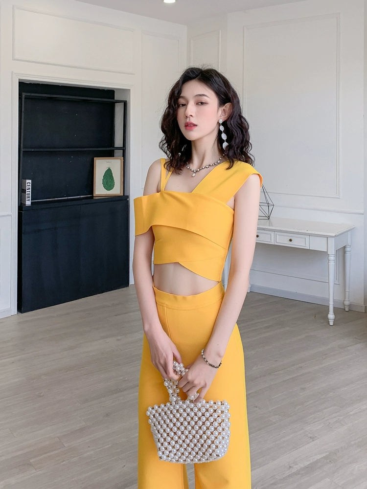 DOLLY Elegant Two Piece One Shoulder Top Design +Long Flared Pants-AMINA