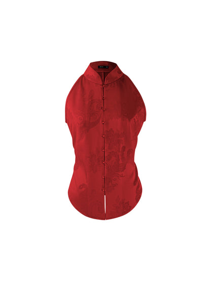 HECO Chinese Acetate Stand-up Collar Waist National Style Jacquard Vest T - FIRE.