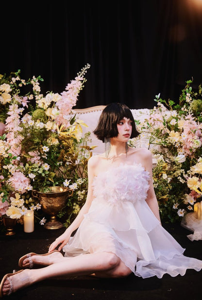 DOLLY Luxury White Feather Tube Top Flower French Style Dress-Hola