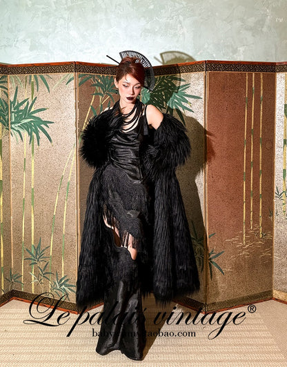 Le Palais Vintage High End sleeveless stain wrapped shirt tassel  sexy long black dress-Alora