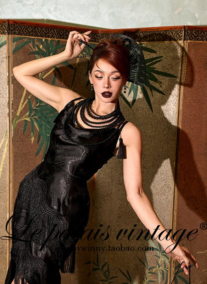 Le Palais Vintage High End sleeveless stain wrapped shirt tassel  sexy long black dress-Alora