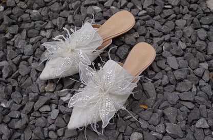 B-FEI white feather flower rhinestone flat mules-ARJO.