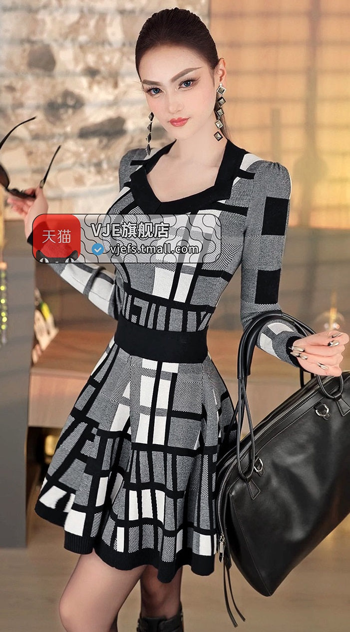 VJE  Plaid Jacquard Knitted Square Neck Top Hip Skirt Two-Piece Set - OLLY.