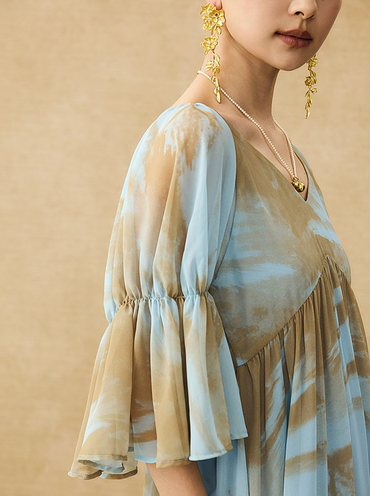 HECO Chinese V-neck wavy sleeve summer big resort dress - AMAZE .