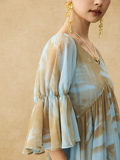 HECO Chinese V-neck wavy sleeve summer big resort dress - AMAZE .