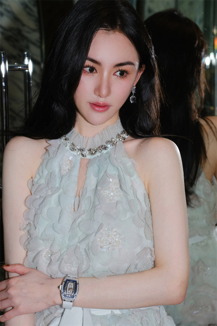 Wardrobes by Chen Luxury Pastel Green Ribbon Floral wedding guest bridal Dress-Onna