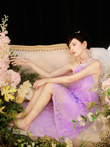 DOLLY High End French Style Violet Sleeveless Halter Neck Loose Dinner Dress-Flower  (V)