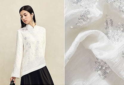 HECO Butterfly Beads Embroidered Stand-Up Collar black white T-Shirt - WORDS.