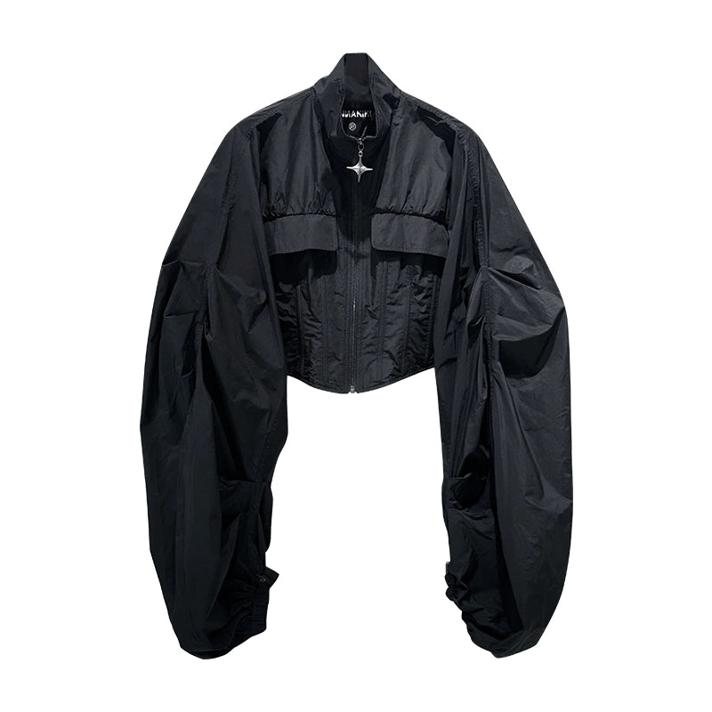 ANNAKIKI Futuristic herringbone shirred slim cropped jacket-KEANE