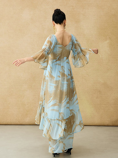 HECO Chinese V-neck wavy sleeve summer big resort dress - AMAZE .