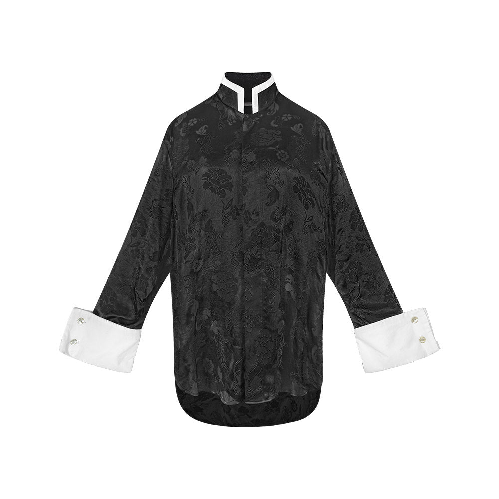 TUYUE Satin Weaving Flowers Relaxed Long-sleeved Shirt- JADE,