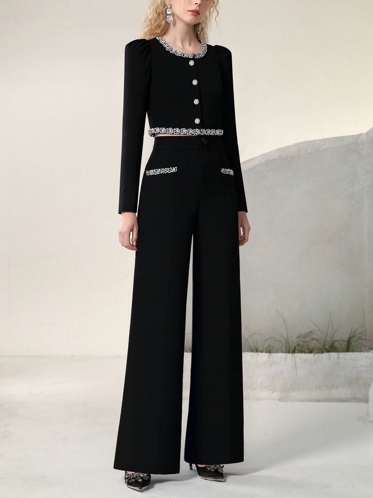 CHECOCRE celebrity style suit fashion diamond chain top high-waisted straight-leg pants - ECHO.